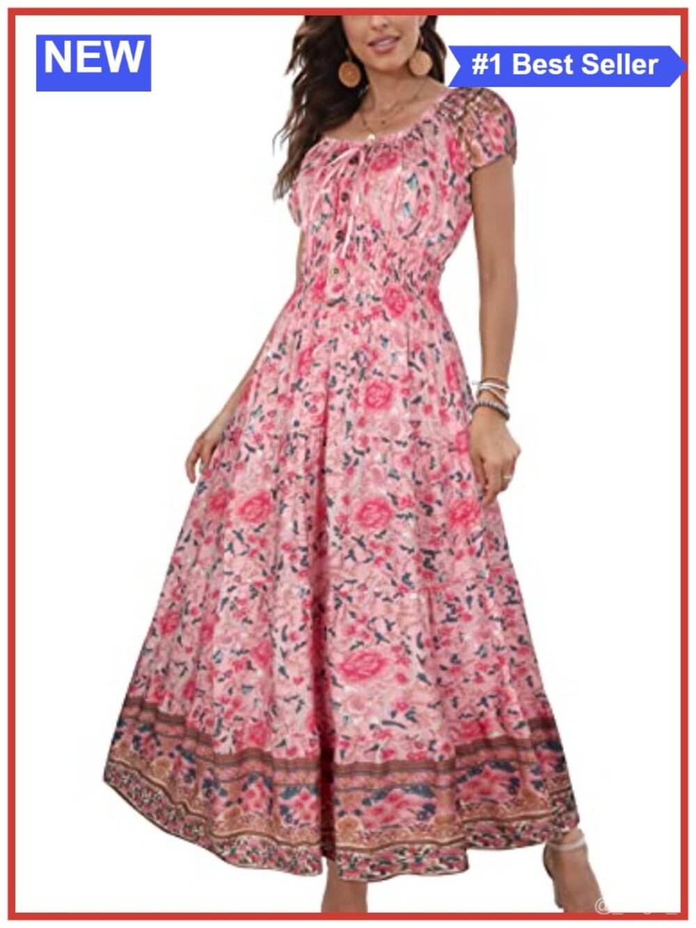 Boho Floral Maxi Dress A-Line Summer Short Sleeve Scoop Neck